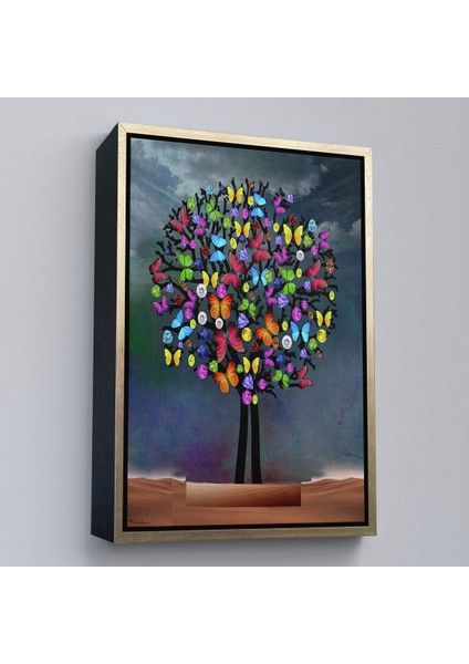 Altın Çerçeveli Kelebekler Ağacı Duvar Tablosu