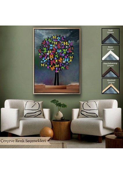 Altın Çerçeveli Kelebekler Ağacı Duvar Tablosu