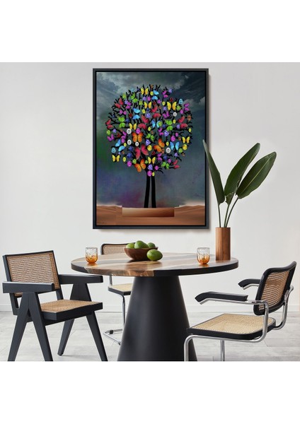 Altın Çerçeveli Kelebekler Ağacı Duvar Tablosu