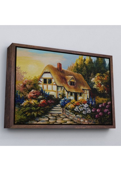 Kahverengi Çerçeveli Bahçeli Orman Evi Yağlıboya Dekoratif Kanvas Duvar Tablosu