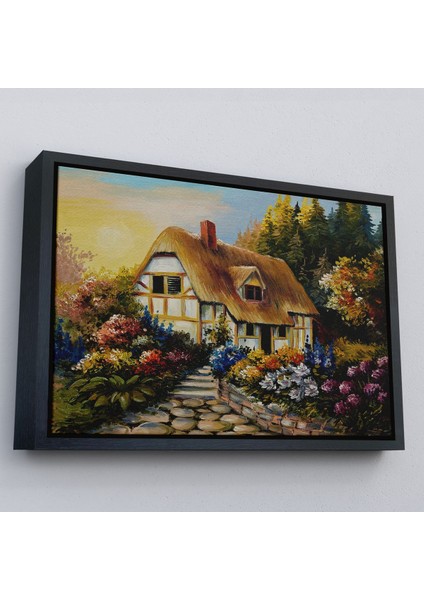 Kahverengi Çerçeveli Bahçeli Orman Evi Yağlıboya Dekoratif Kanvas Duvar Tablosu modelleri
