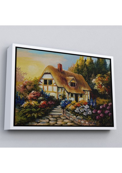 Kahverengi Çerçeveli Bahçeli Orman Evi Yağlıboya Dekoratif Kanvas Duvar Tablosu fırsatları