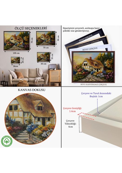 Kahverengi Çerçeveli Bahçeli Orman Evi Yağlıboya Dekoratif Kanvas Duvar Tablosu indirimleri
