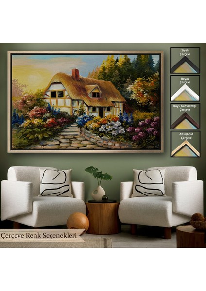 Kahverengi Çerçeveli Bahçeli Orman Evi Yağlıboya Dekoratif Kanvas Duvar Tablosu