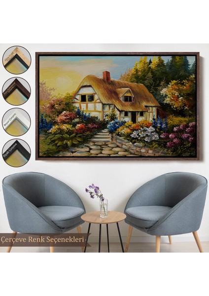 Kahverengi Çerçeveli Bahçeli Orman Evi Yağlıboya Dekoratif Kanvas Duvar Tablosu