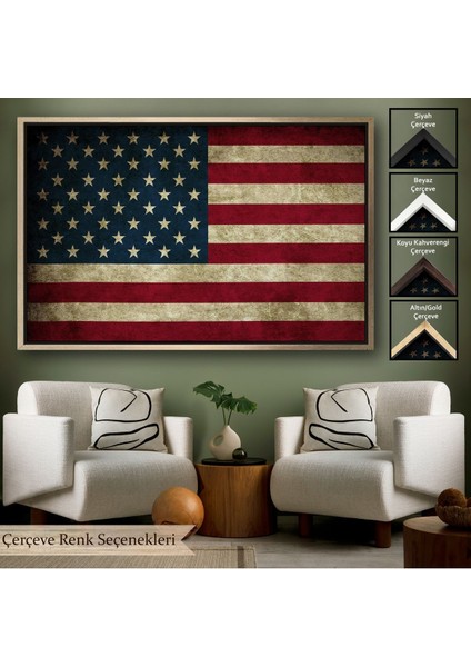 Altın Çerçeveli Amerika Birleşik Devletleri Bayrağı Rustik Kanvas Tablo