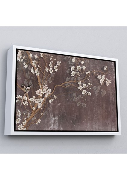 Beyaz Çerçeveli Ağaçtaki Beyaz Çiçekler Yağlıboya Görünüm Dekoratif Kanvas Duvar Tablosu