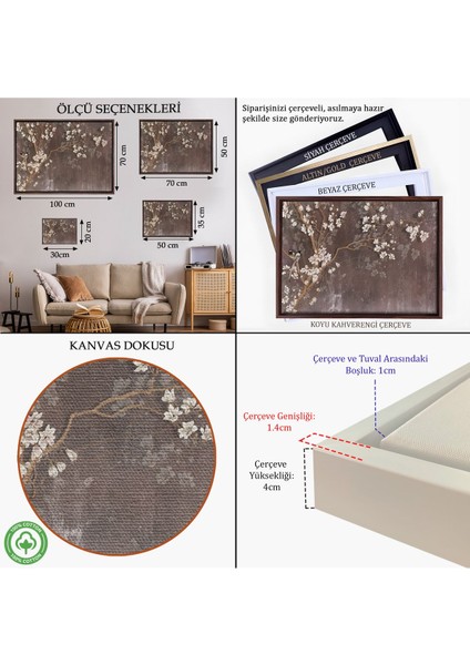 Beyaz Çerçeveli Ağaçtaki Beyaz Çiçekler Yağlıboya Görünüm Dekoratif Kanvas Duvar Tablosu indirimleri