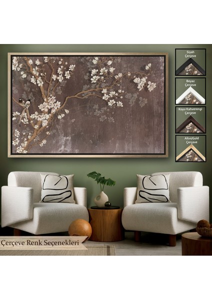 Beyaz Çerçeveli Ağaçtaki Beyaz Çiçekler Yağlıboya Görünüm Dekoratif Kanvas Duvar Tablosu