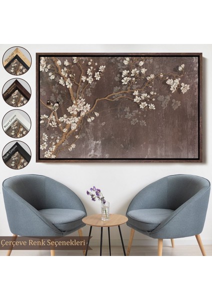 Beyaz Çerçeveli Ağaçtaki Beyaz Çiçekler Yağlıboya Görünüm Dekoratif Kanvas Duvar Tablosu