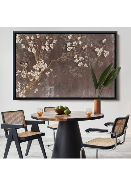 Beyaz Çerçeveli Ağaçtaki Beyaz Çiçekler Yağlıboya Görünüm Dekoratif Kanvas Duvar Tablosu