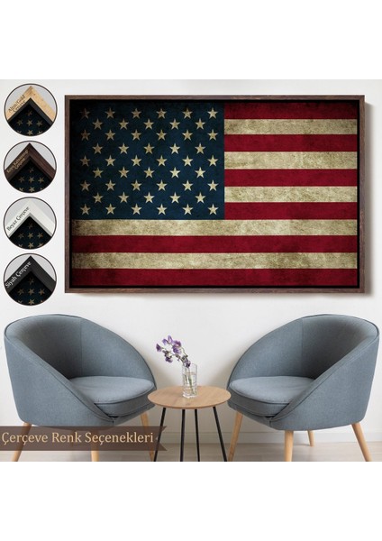 Altın Çerçeveli Amerika Birleşik Devletleri Bayrağı Rustik Kanvas Tablo