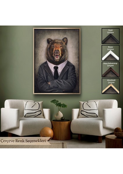 Beyaz Çerçeveli Ayı Kafalı Insan Kanvas Tablo