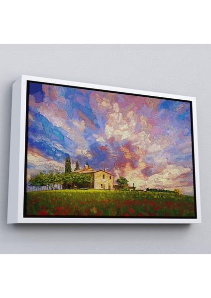 Beyaz Çerçeveli Toskana Italyadaki Kırmızı Gelincik Tarlası Yağlıboya Görünüm Kanvas Tablosu