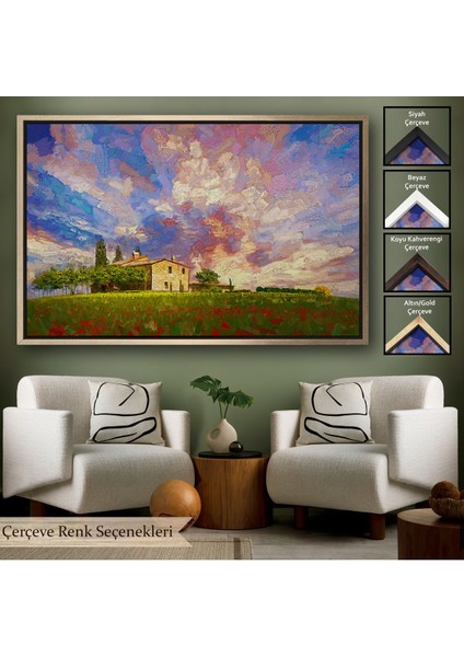 Beyaz Çerçeveli Toskana Italyadaki Kırmızı Gelincik Tarlası Yağlıboya Görünüm Kanvas Tablosu