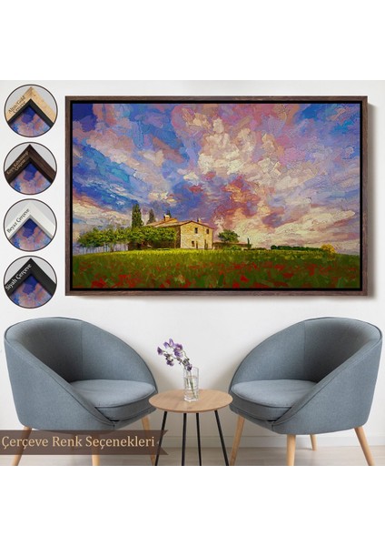 Beyaz Çerçeveli Toskana Italyadaki Kırmızı Gelincik Tarlası Yağlıboya Görünüm Kanvas Tablosu