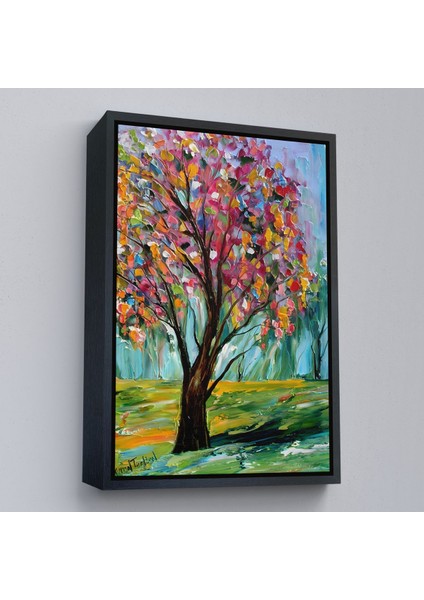 Siyah Çerçeveli Renkli Bahar Ağacı Dekoratif Duvar Tablosu