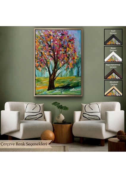 Siyah Çerçeveli Renkli Bahar Ağacı Dekoratif Duvar Tablosu