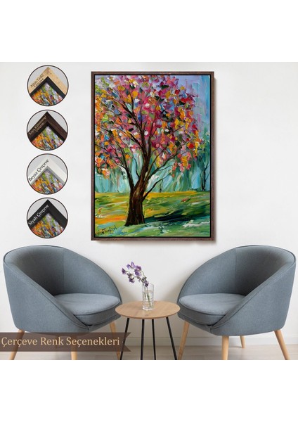 Siyah Çerçeveli Renkli Bahar Ağacı Dekoratif Duvar Tablosu