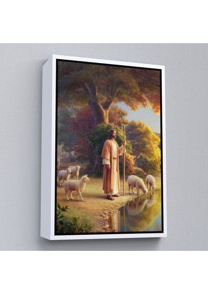 Beyaz Çerçeveli Kuzularla Göl Kenarında Duran Isa Mesih, Hristiyan Kilise Hediyesi Kanvas Tablo