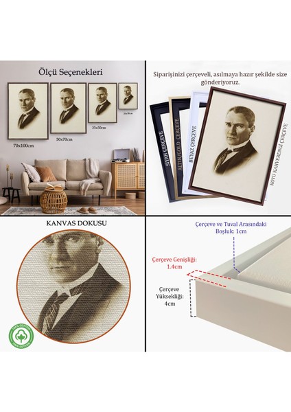 Siyah Çerçeveli Atatürk Portre Tablosu Mustafa Kemal Atatürk Dikdörtgen Dekoratif Kanvas Tablo indirimleri