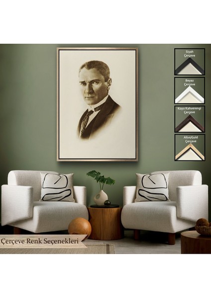 Siyah Çerçeveli Atatürk Portre Tablosu Mustafa Kemal Atatürk Dikdörtgen Dekoratif Kanvas Tablo