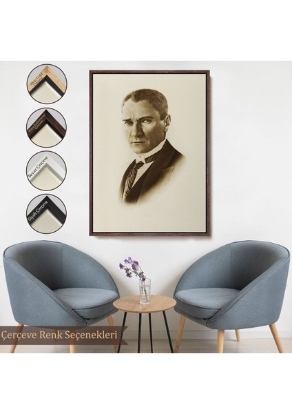 Siyah Çerçeveli Atatürk Portre Tablosu Mustafa Kemal Atatürk Dikdörtgen Dekoratif Kanvas Tablo
