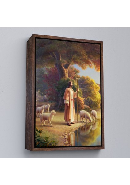 Beyaz Çerçeveli Kuzularla Göl Kenarında Duran Isa Mesih, Hristiyan Kilise Hediyesi Kanvas Tablo fiyatları