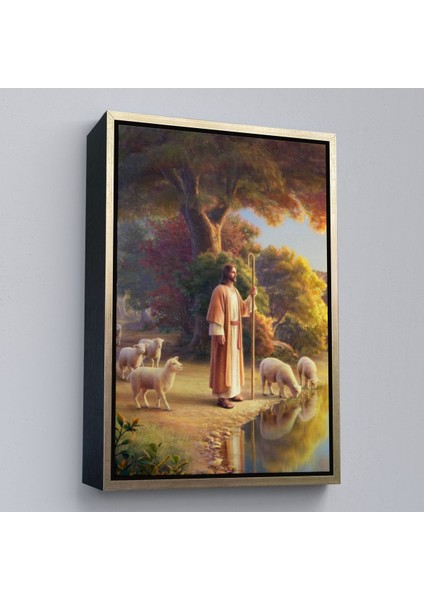 Beyaz Çerçeveli Kuzularla Göl Kenarında Duran Isa Mesih, Hristiyan Kilise Hediyesi Kanvas Tablo modelleri