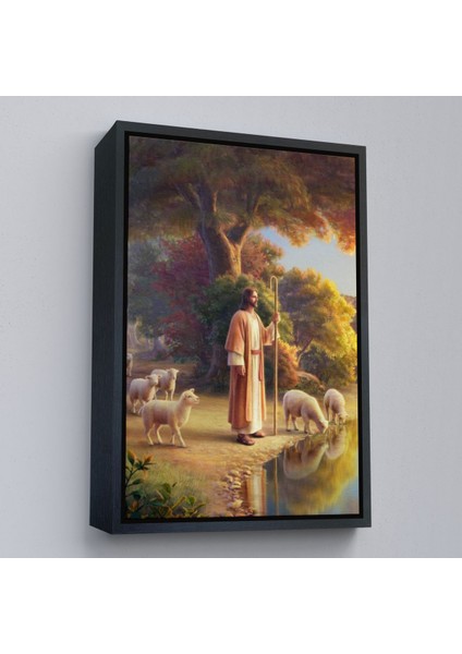 Beyaz Çerçeveli Kuzularla Göl Kenarında Duran Isa Mesih, Hristiyan Kilise Hediyesi Kanvas Tablo fırsatları