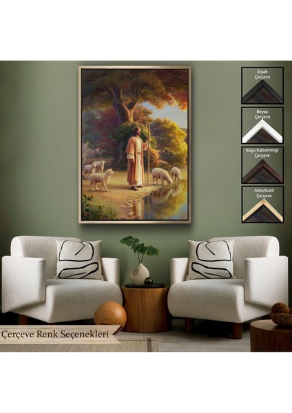 Beyaz Çerçeveli Kuzularla Göl Kenarında Duran Isa Mesih, Hristiyan Kilise Hediyesi Kanvas Tablo