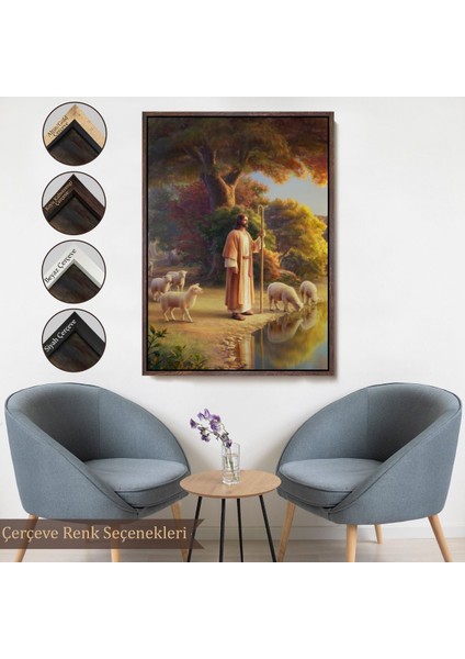 Beyaz Çerçeveli Kuzularla Göl Kenarında Duran Isa Mesih, Hristiyan Kilise Hediyesi Kanvas Tablo
