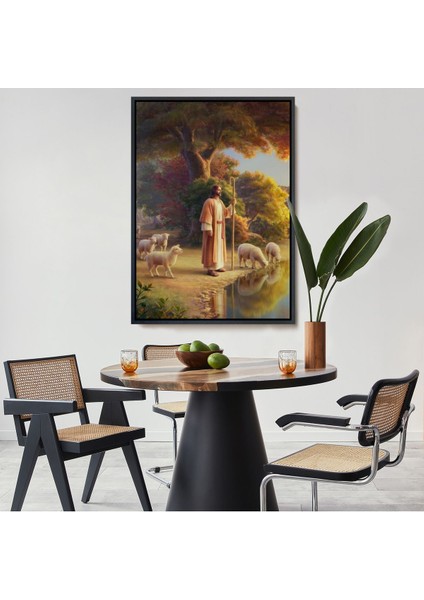 Beyaz Çerçeveli Kuzularla Göl Kenarında Duran Isa Mesih, Hristiyan Kilise Hediyesi Kanvas Tablo