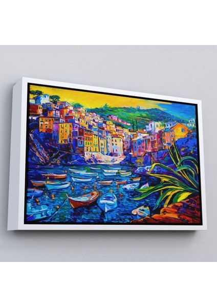 Siyah Çerçeveli Sahilde Tekneleryağlıboya Görünüm Dekoratif Kanvas Duvar Tablosu fiyatları