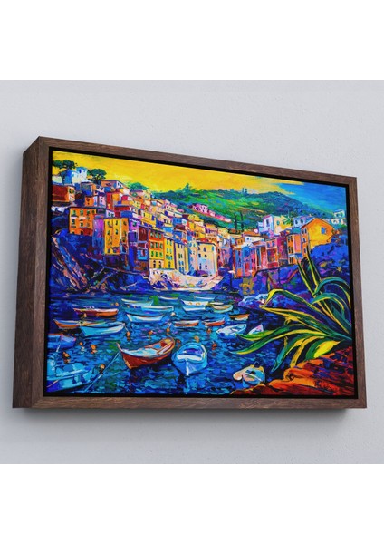 Siyah Çerçeveli Sahilde Tekneleryağlıboya Görünüm Dekoratif Kanvas Duvar Tablosu modelleri