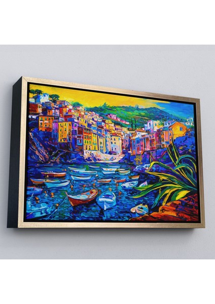 Siyah Çerçeveli Sahilde Tekneleryağlıboya Görünüm Dekoratif Kanvas Duvar Tablosu fırsatları
