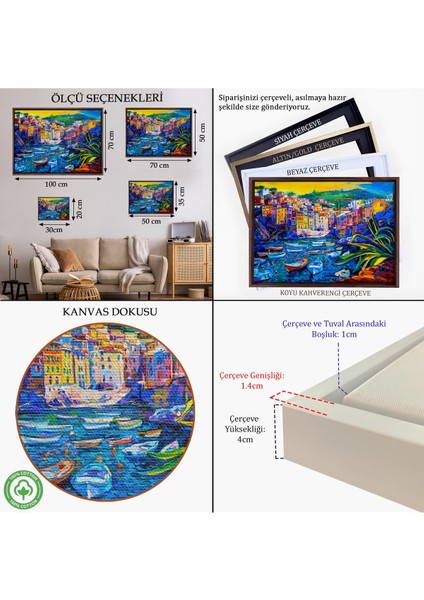 Siyah Çerçeveli Sahilde Tekneleryağlıboya Görünüm Dekoratif Kanvas Duvar Tablosu indirimleri