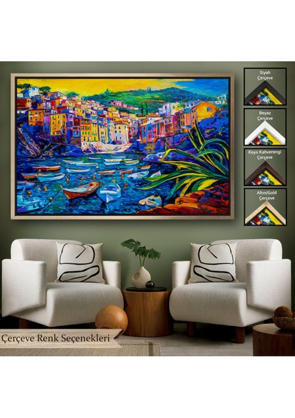 Siyah Çerçeveli Sahilde Tekneleryağlıboya Görünüm Dekoratif Kanvas Duvar Tablosu