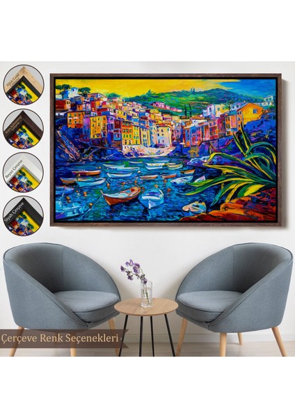 Siyah Çerçeveli Sahilde Tekneleryağlıboya Görünüm Dekoratif Kanvas Duvar Tablosu