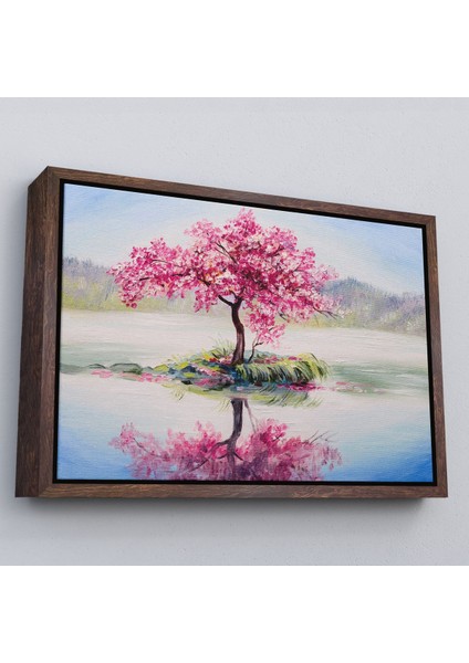 Kahverengi Çerçeveli Gölde Sakura Ağacı Yağlıboya Görünüm Kanvas Duvar Tablosu