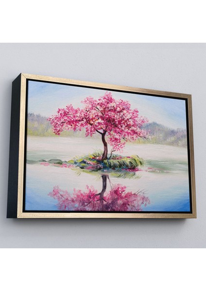 Kahverengi Çerçeveli Gölde Sakura Ağacı Yağlıboya Görünüm Kanvas Duvar Tablosu fiyatları