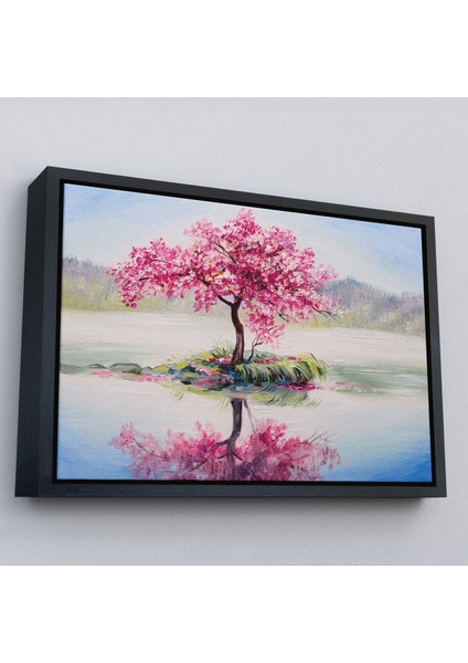 Kahverengi Çerçeveli Gölde Sakura Ağacı Yağlıboya Görünüm Kanvas Duvar Tablosu modelleri