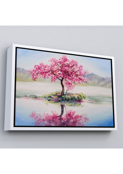 Kahverengi Çerçeveli Gölde Sakura Ağacı Yağlıboya Görünüm Kanvas Duvar Tablosu fırsatları