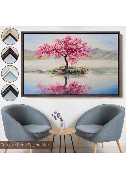 Kahverengi Çerçeveli Gölde Sakura Ağacı Yağlıboya Görünüm Kanvas Duvar Tablosu