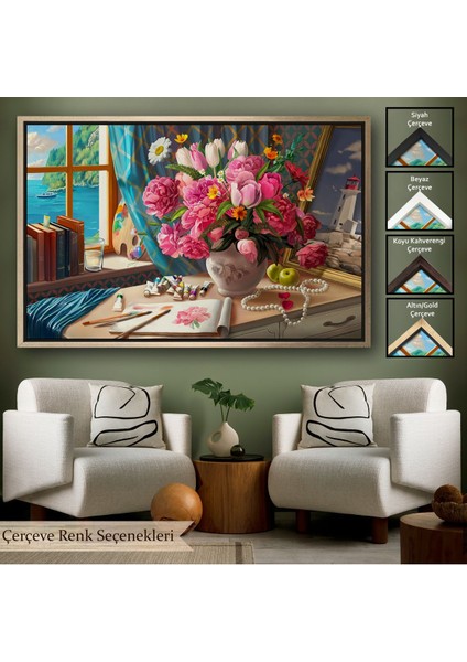 Siyah Çerçeveli Deniz Manzaralı Yağlıboya Görünüm Dekoratif Kanvas Tablo