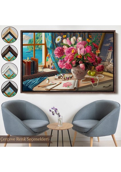 Siyah Çerçeveli Deniz Manzaralı Yağlıboya Görünüm Dekoratif Kanvas Tablo