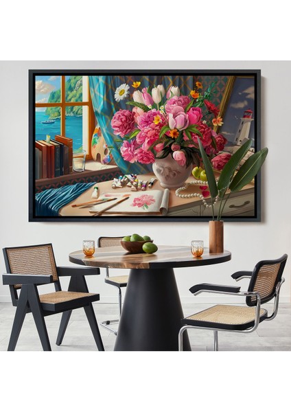 Siyah Çerçeveli Deniz Manzaralı Yağlıboya Görünüm Dekoratif Kanvas Tablo