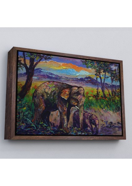 Beyaz Çerçeveli Ormandaki Yavru Fil ve Anne Fil Tablosu fiyatları