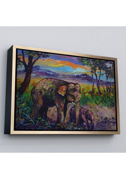 Beyaz Çerçeveli Ormandaki Yavru Fil ve Anne Fil Tablosu modelleri