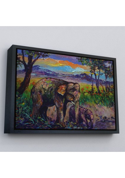 Beyaz Çerçeveli Ormandaki Yavru Fil ve Anne Fil Tablosu fırsatları